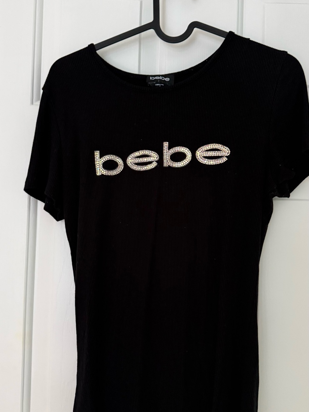 bebe Black Ribbed Logo Tee with Rhinestone Detail